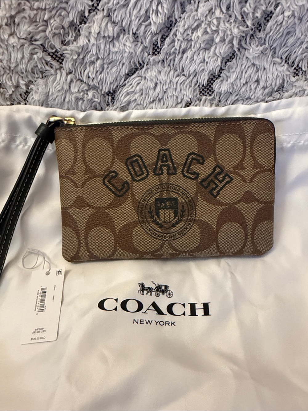 Coach Brown Signature Canvas Wristlet with Black Strap
